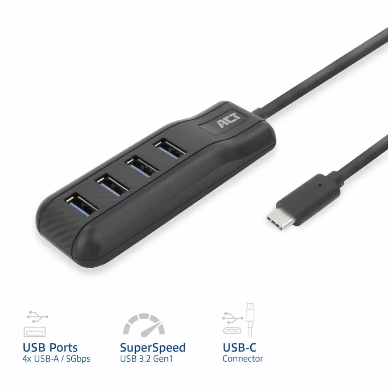 ACT AC6420 USB-C centrmezgls 4× USB-A 3.2 Gen 1 5 Gbit/s melns