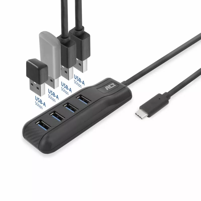 ACT AC6420 USB-C centrmezgls 4× USB-A 3.2 Gen 1 5 Gbit/s melns