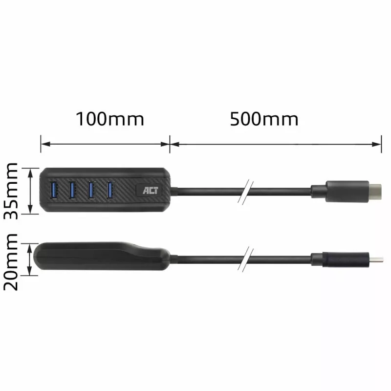 ACT AC6420 USB-C centrmezgls 4× USB-A 3.2 Gen 1 5 Gbit/s melns