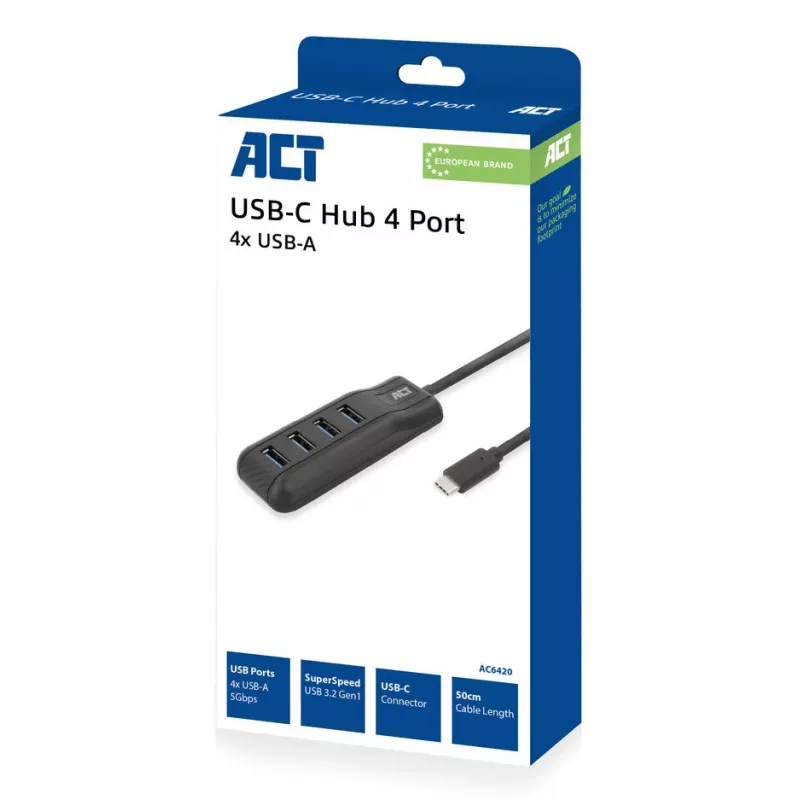 ACT AC6420 USB-C centrmezgls 4× USB-A 3.2 Gen 1 5 Gbit/s melns