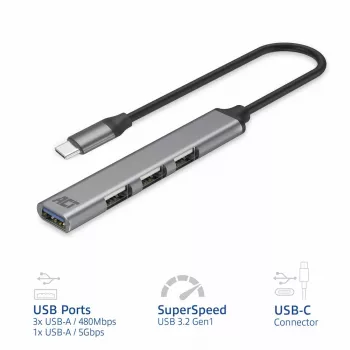 USB Hubs ACT AC6425 Type-C 5000 Mbit/s Alumīnija Pelēks