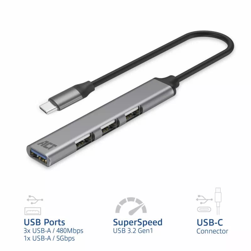 USB Hubs ACT AC6425 Type-C 5000 Mbit/s Alumīnija Pelēks