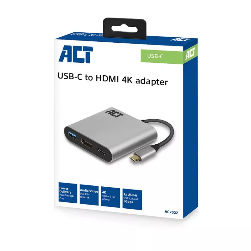 ACT USB-C multiport adapteris 1 HDMI monitorim, 1x USB-A, PD caurlaide