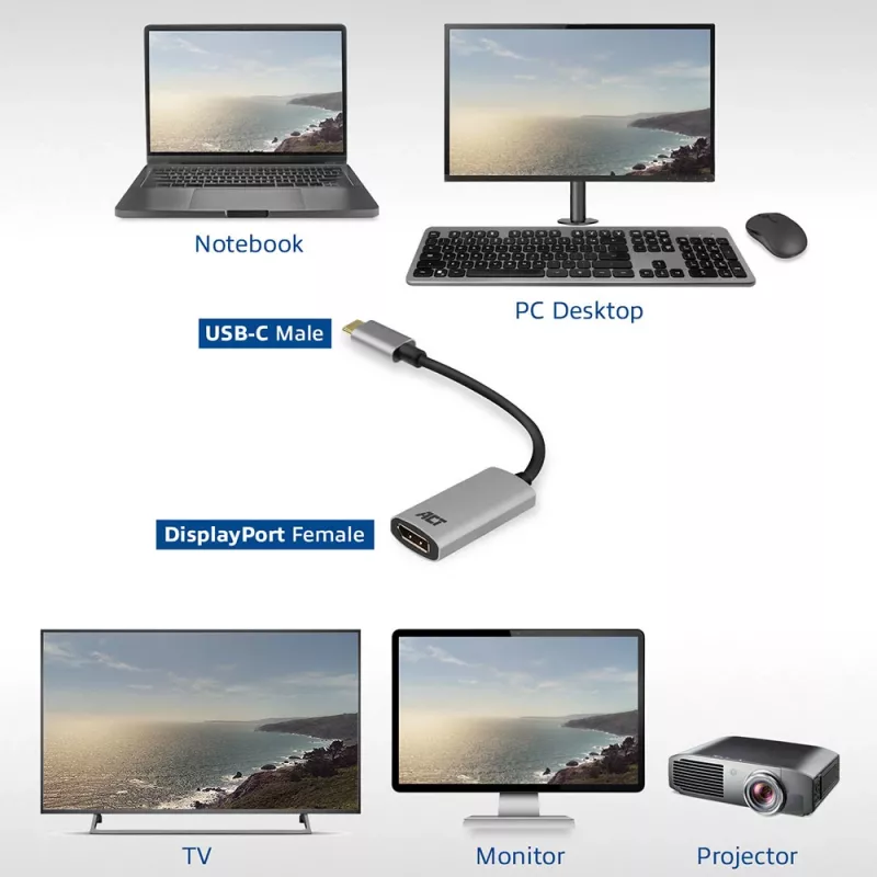 ACT AC7030 USB-C uz DisplayPort adapteris, 4K @ 60Hz, alumīnija korpuss