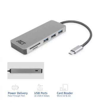 ACT USB-C centrmezgls 3.0, 3x USB-A, karšu lasītājs, PD caurvads