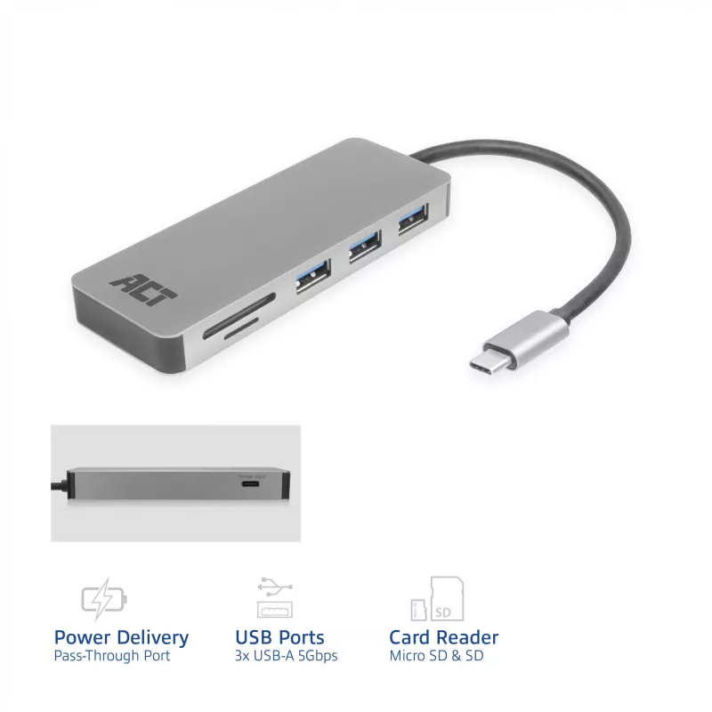 ACT USB-C centrmezgls 3.0, 3x USB-A, karšu lasītājs, PD caurvads