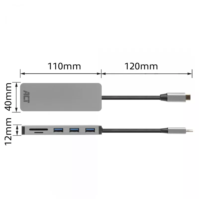 ACT USB-C centrmezgls 3.0, 3x USB-A, karšu lasītājs, PD caurvads