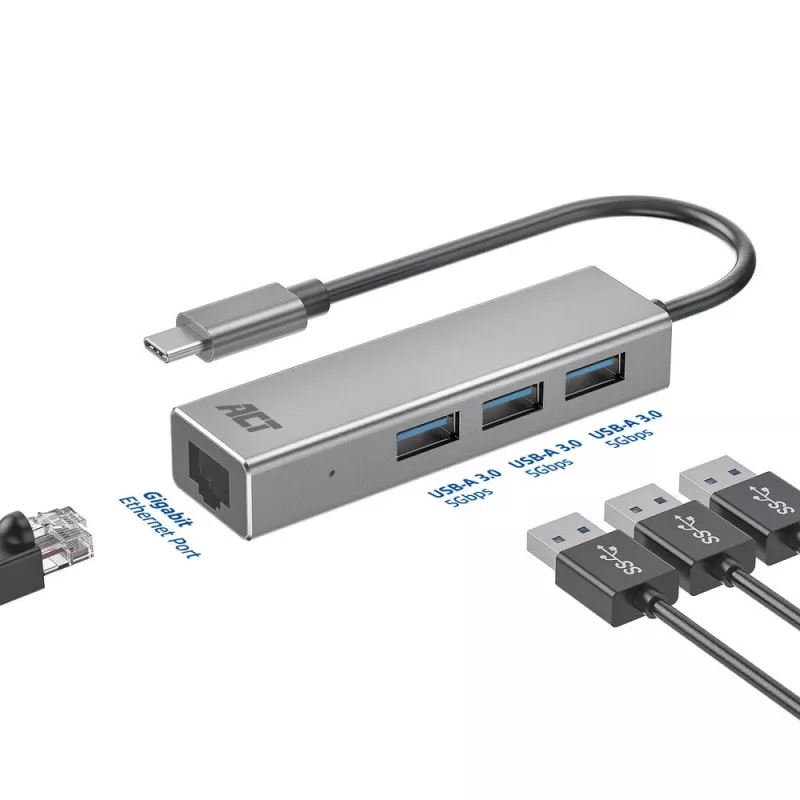 USB-C centrmezgls ACT AC7055 3x USB-A Gigabit Ethernet