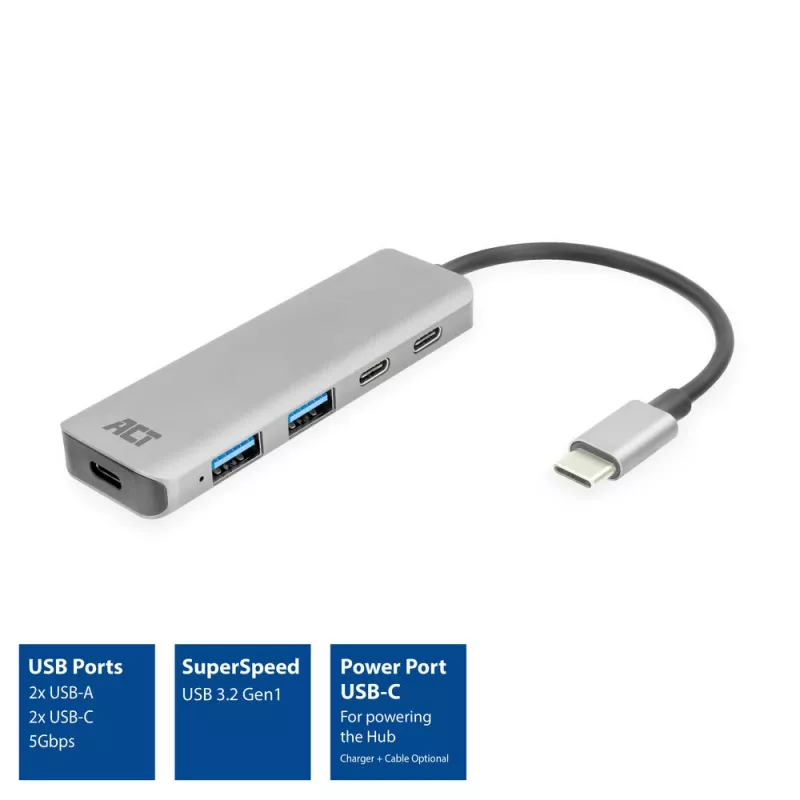 ACT AC7072 USB 3.2 Gen 1 Type-C Hub 5000 Mbit/s Melns Pelēks