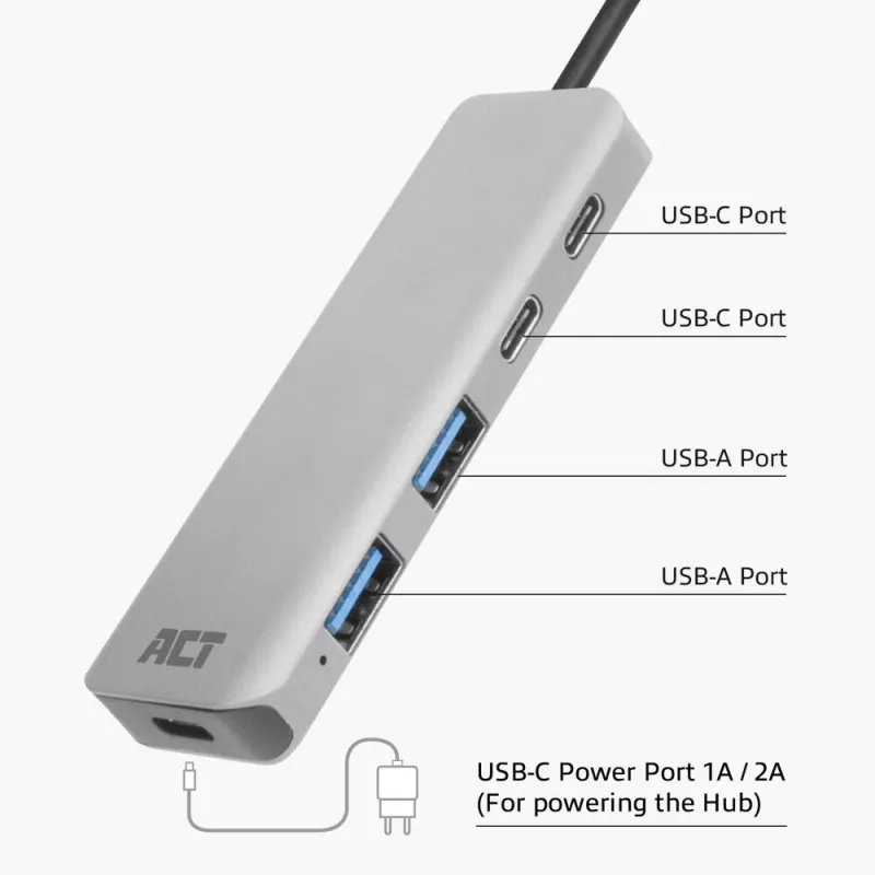 ACT AC7072 USB 3.2 Gen 1 Type-C Hub 5000 Mbit/s Melns Pelēks