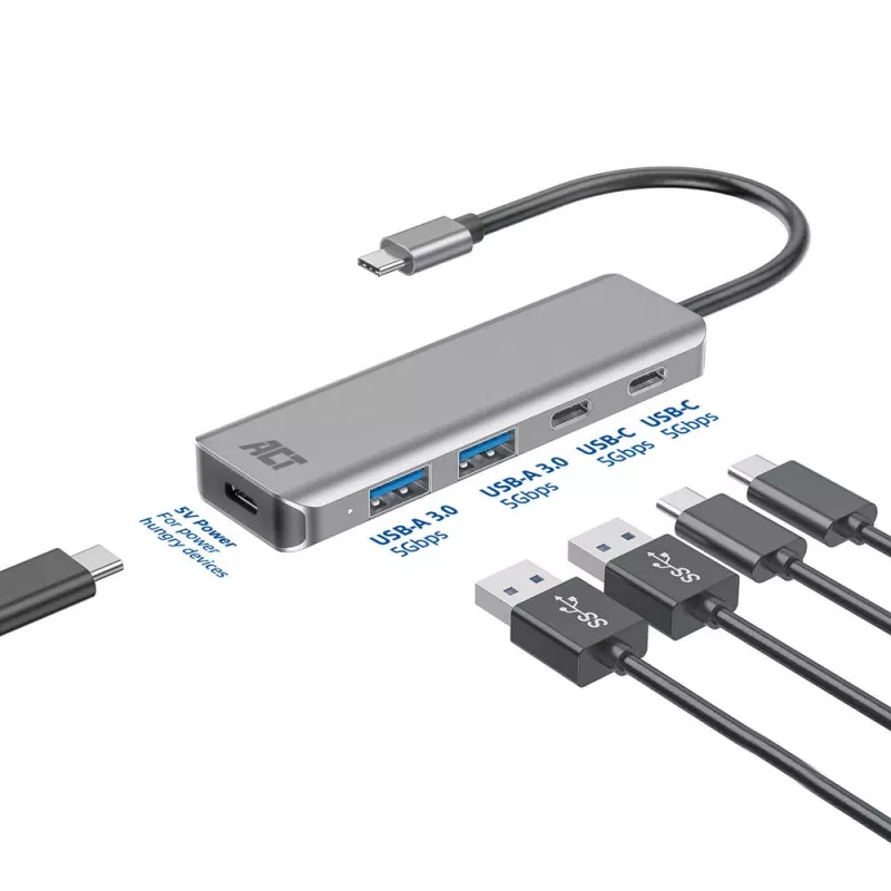 ACT AC7072 USB 3.2 Gen 1 Type-C Hub 5000 Mbit/s Melns Pelēks