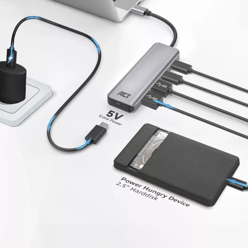 ACT AC7072 USB 3.2 Gen 1 Type-C Hub 5000 Mbit/s Melns Pelēks