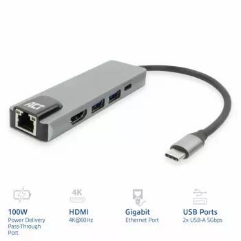 ACT USB-C 4K dokstacija 1 HDMI monitorim, Ethernet, USB-A, PD caurvade