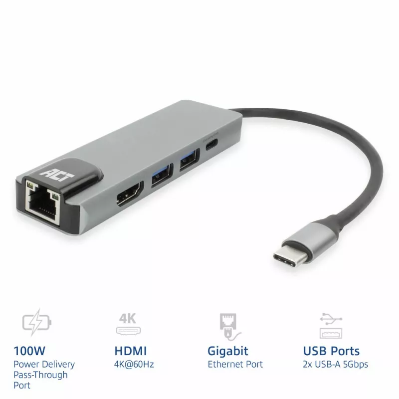 ACT USB-C 4K dokstacija 1 HDMI monitorim, Ethernet, USB-A, PD caurvade