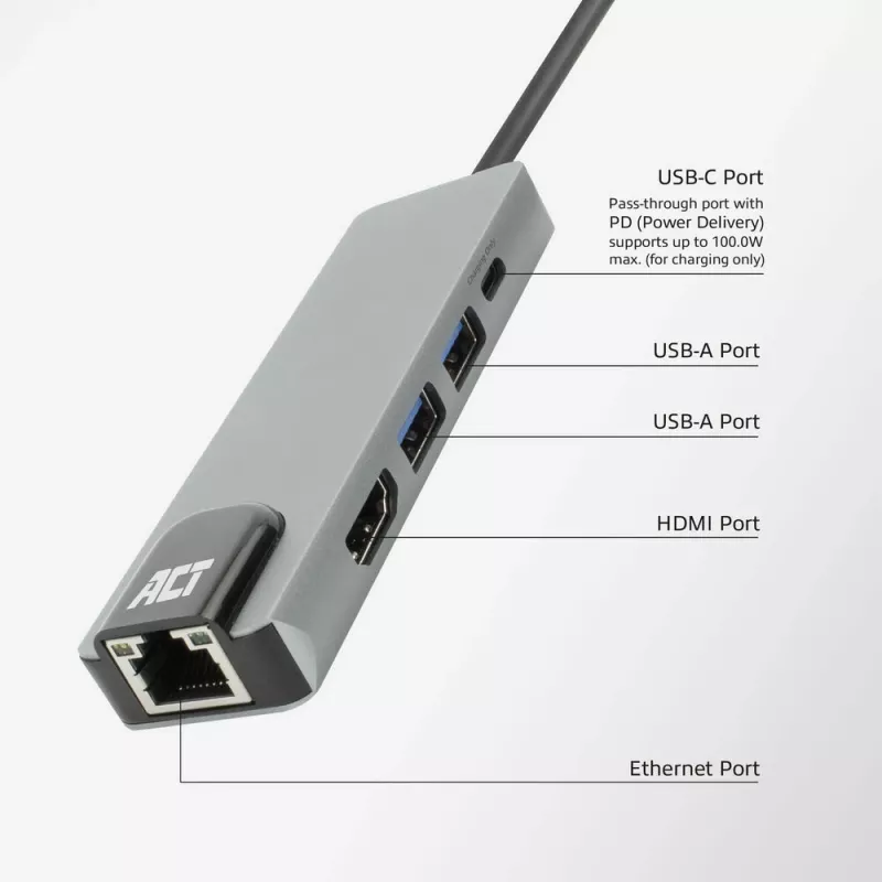 ACT USB-C 4K dokstacija 1 HDMI monitorim, Ethernet, USB-A, PD caurvade