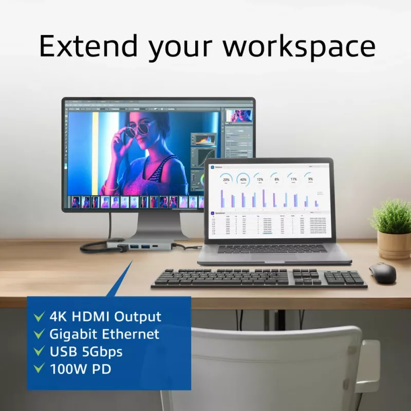 ACT USB-C 4K dokstacija 1 HDMI monitorim, Ethernet, USB-A, PD caurvade