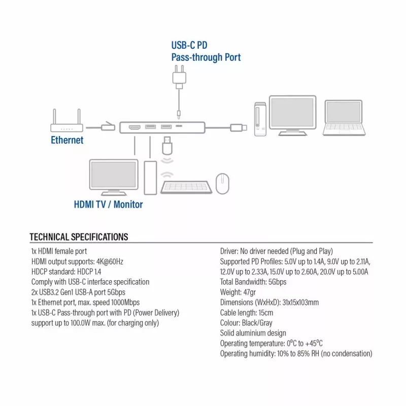 ACT USB-C 4K dokstacija 1 HDMI monitorim, Ethernet, USB-A, PD caurvade