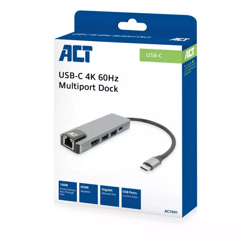 ACT USB-C 4K dokstacija 1 HDMI monitorim, Ethernet, USB-A, PD caurvade