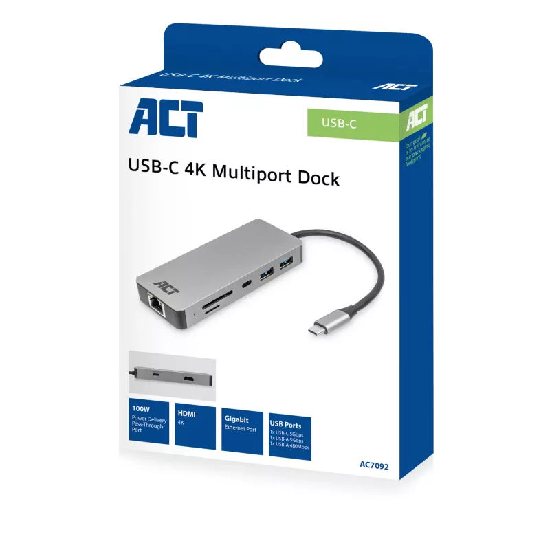 ACT AC7092 USB-C 4K HDMI Ethernet USB-A Card Reader dokstacija