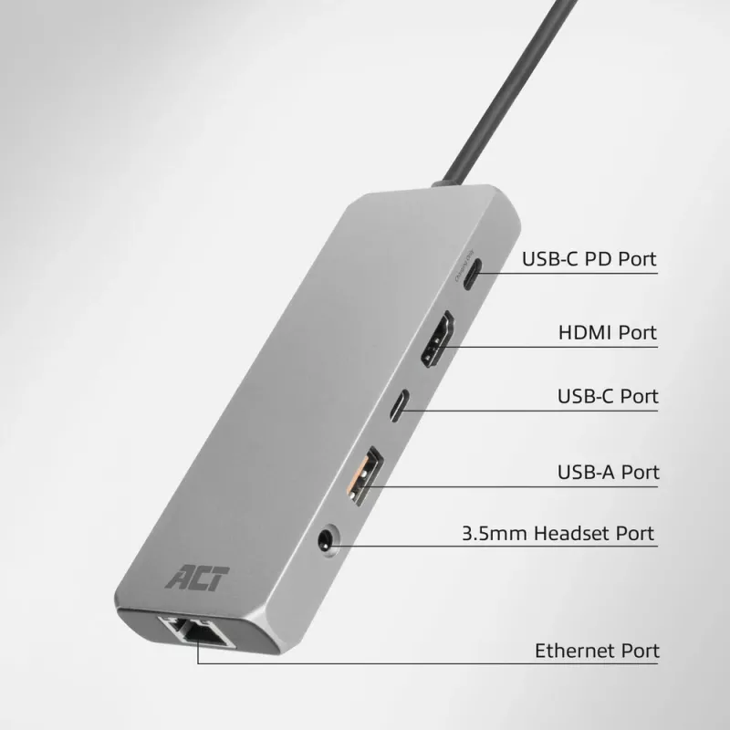 ACT USB-C 4K / 8K 30Hz dokstacija 1 HDMI monitoram, 2.5 Gigabit ethernet, USB-C 10Gbps, USB-A 10Gbps, 3.5mm audio, PD caurlaide