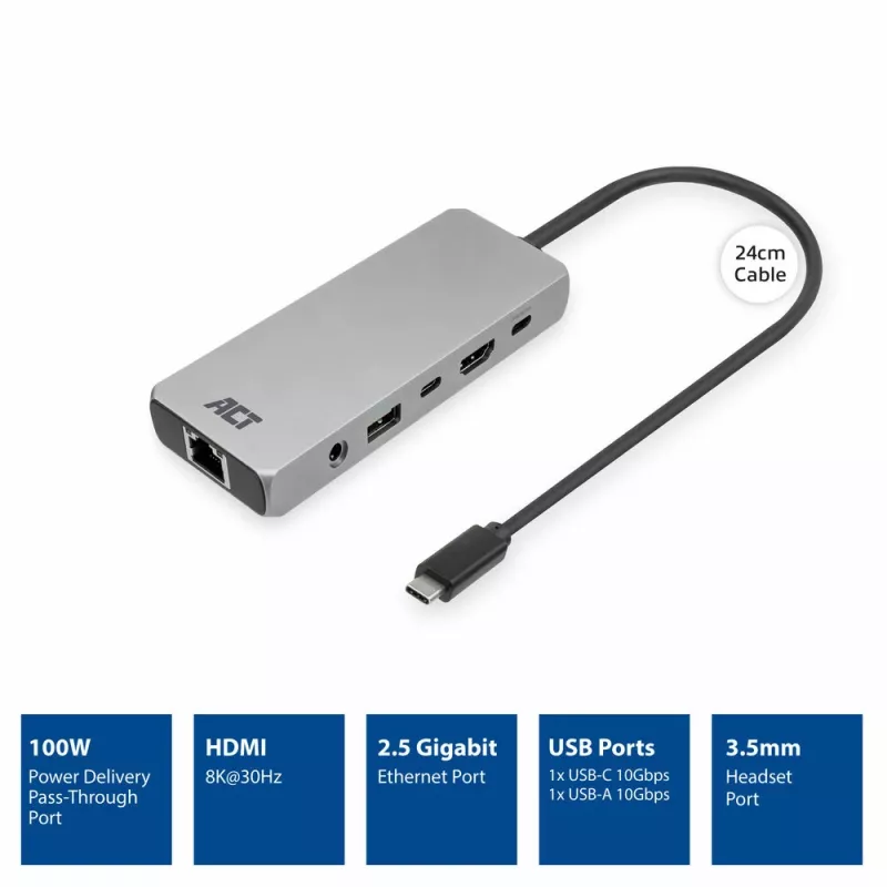 ACT USB-C 4K / 8K 30Hz dokstacija 1 HDMI monitoram, 2.5 Gigabit ethernet, USB-C 10Gbps, USB-A 10Gbps, 3.5mm audio, PD caurlaide
