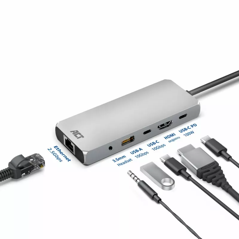 ACT USB-C 4K / 8K 30Hz dokstacija 1 HDMI monitoram, 2.5 Gigabit ethernet, USB-C 10Gbps, USB-A 10Gbps, 3.5mm audio, PD caurlaide
