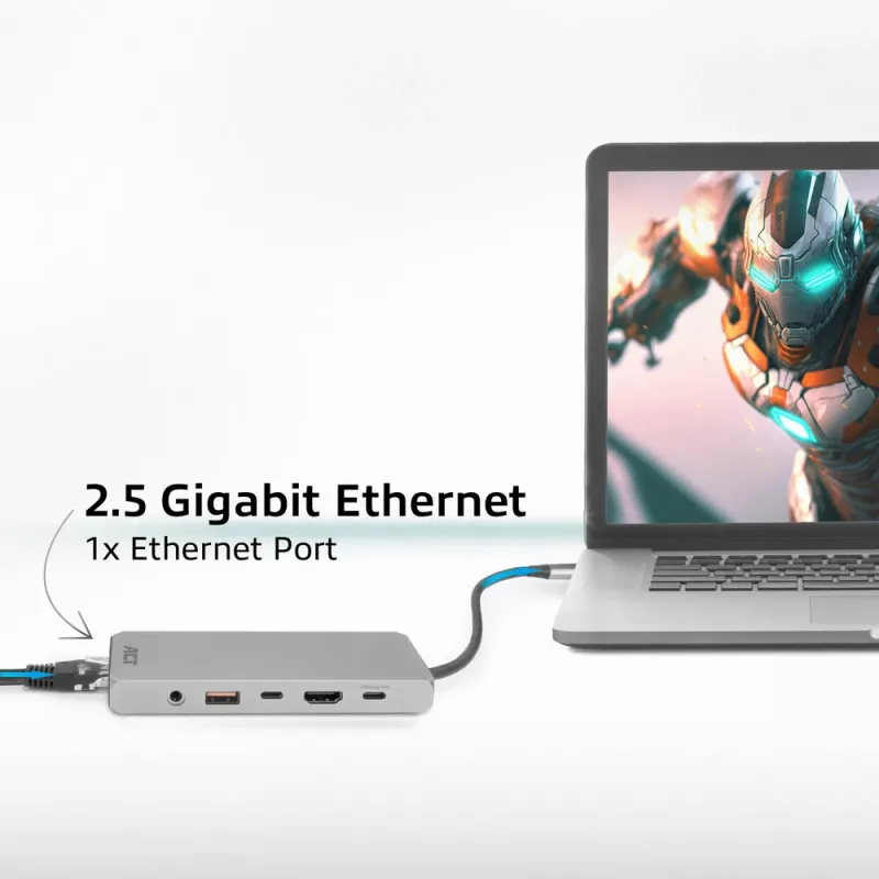 ACT USB-C 4K / 8K 30Hz dokstacija 1 HDMI monitoram, 2.5 Gigabit ethernet, USB-C 10Gbps, USB-A 10Gbps, 3.5mm audio, PD caurlaide