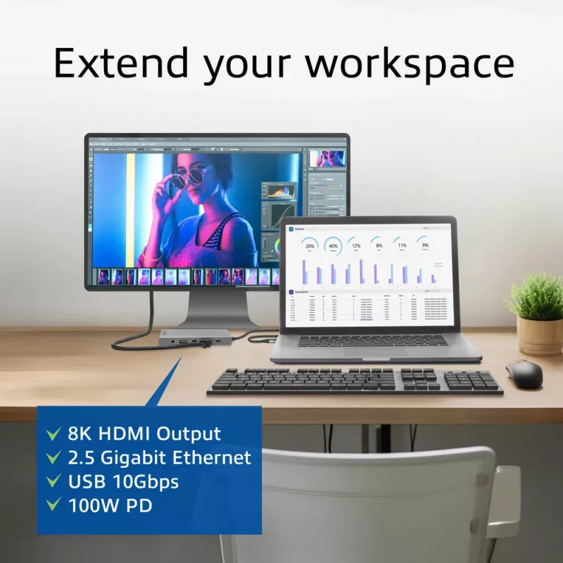 ACT USB-C 4K / 8K 30Hz dokstacija 1 HDMI monitoram, 2.5 Gigabit ethernet, USB-C 10Gbps, USB-A 10Gbps, 3.5mm audio, PD caurlaide