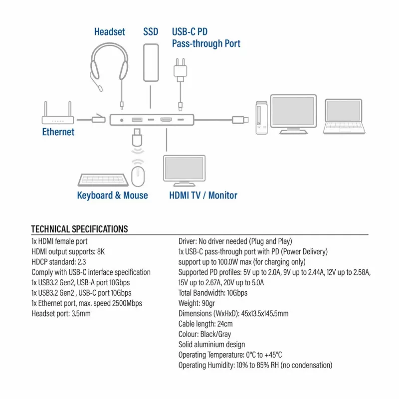 ACT USB-C 4K / 8K 30Hz dokstacija 1 HDMI monitoram, 2.5 Gigabit ethernet, USB-C 10Gbps, USB-A 10Gbps, 3.5mm audio, PD caurlaide