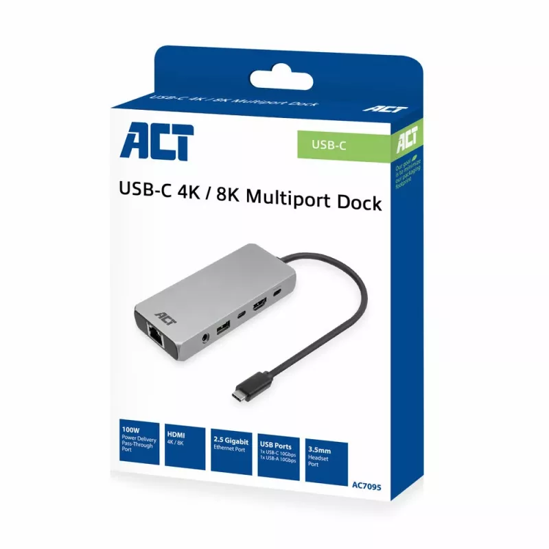 ACT USB-C 4K / 8K 30Hz dokstacija 1 HDMI monitoram, 2.5 Gigabit ethernet, USB-C 10Gbps, USB-A 10Gbps, 3.5mm audio, PD caurlaide
