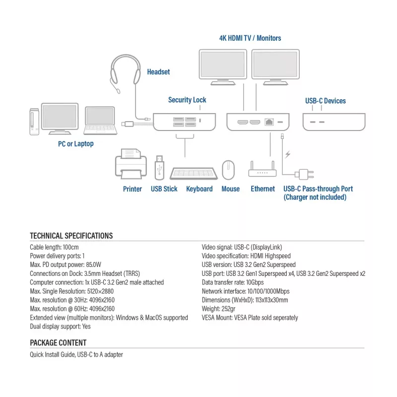 ACT Universāla USB-C Docking stacija 4K, 2x HDMI/DisplayPort, DisplayLink, kompakts dizains