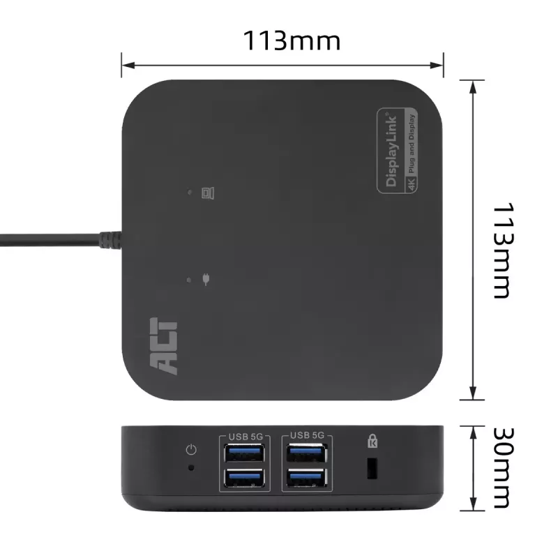 ACT Universāla USB-C Docking stacija 4K, 2x HDMI/DisplayPort, DisplayLink, kompakts dizains