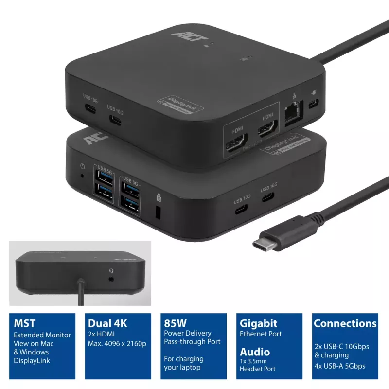 ACT Universāla USB-C Docking stacija 4K, 2x HDMI/DisplayPort, DisplayLink, kompakts dizains
