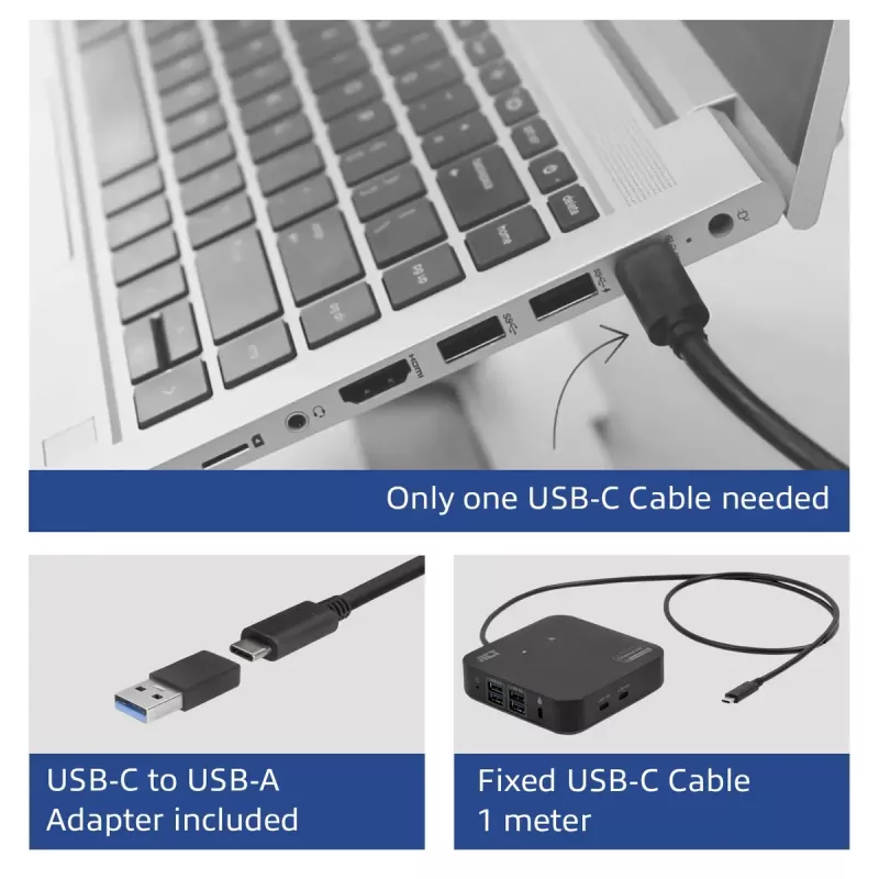 ACT Universāla USB-C Docking stacija 4K, 2x HDMI/DisplayPort, DisplayLink, kompakts dizains