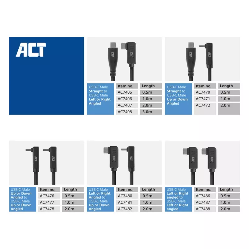 ACT USB 3.0 leņķa kabelis USB-C 1 metrs 5 Gbit/s melns