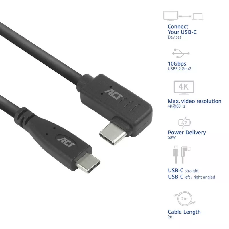 ACT USB 3.0 leņķa USB-C kabelis 2 m 5 Gbit/s Melns