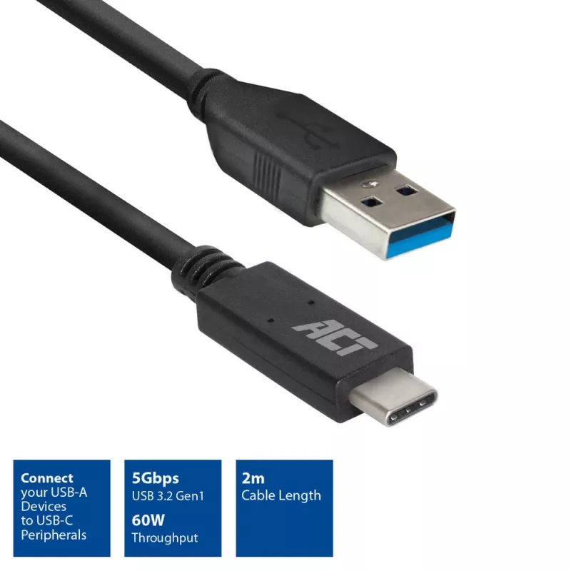 ACT USB 3.0 kabelis USB-A uz USB-C 2 metri 5 Gbit/s Melns
