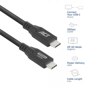 ACT USB4 20Gbps 240W USB Type-C kabelis 0.5m Melns