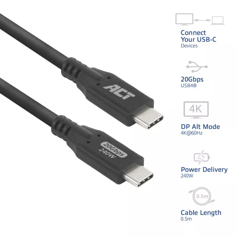 ACT USB4 20Gbps 240W USB Type-C kabelis 0.5m Melns