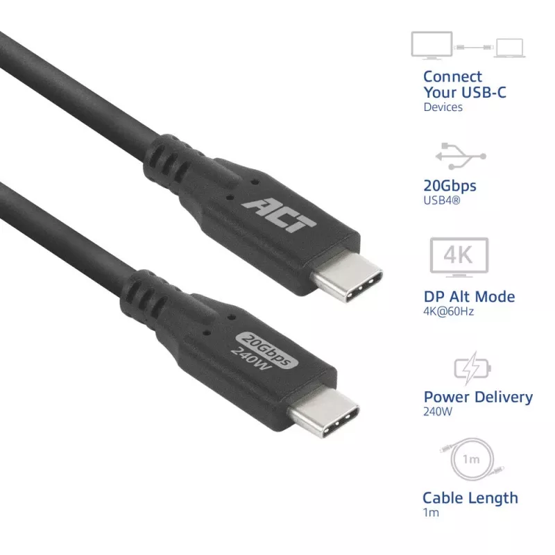ACT USB4 20Gbps 240W USB Type-C kabelis, 1 m, melns