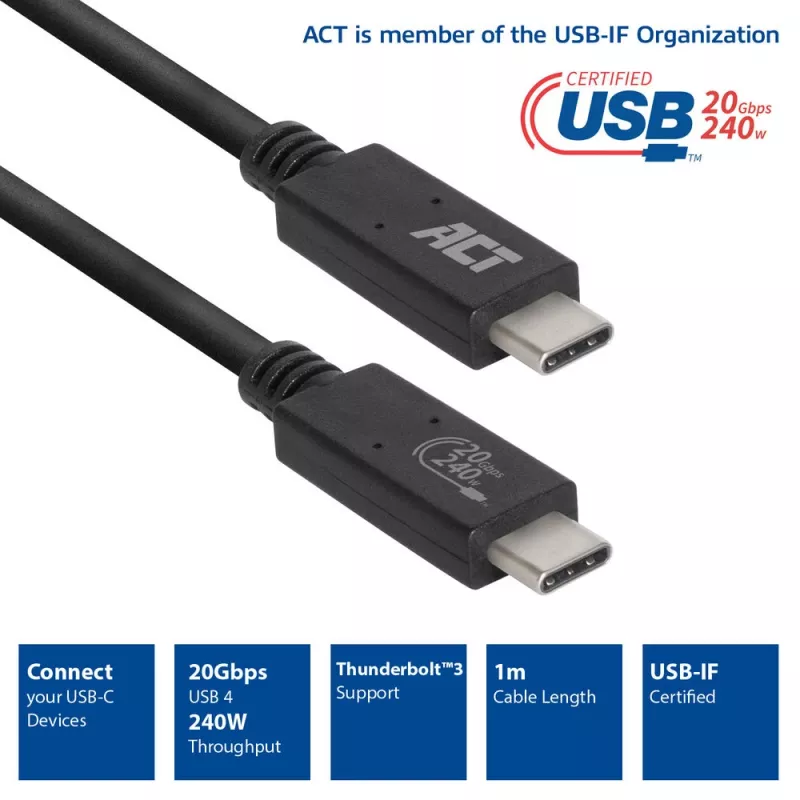 ACT USB4 20Gbps kabelis, USB-C, USB-IF sertificēts, 1 m