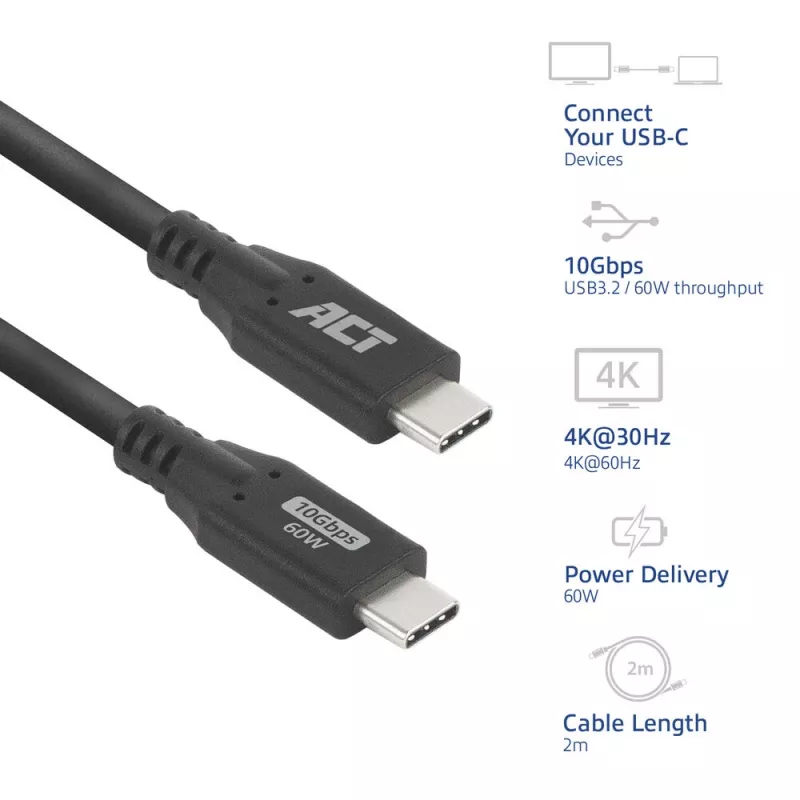 ACT AC7442 USB-C kabelis 2m 10Gbps 60W Melns