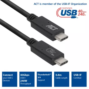 ACT USB4® 40Gbps 240W USB Type-C® kabelis, USB-IF sertificēts, 0.8 m
