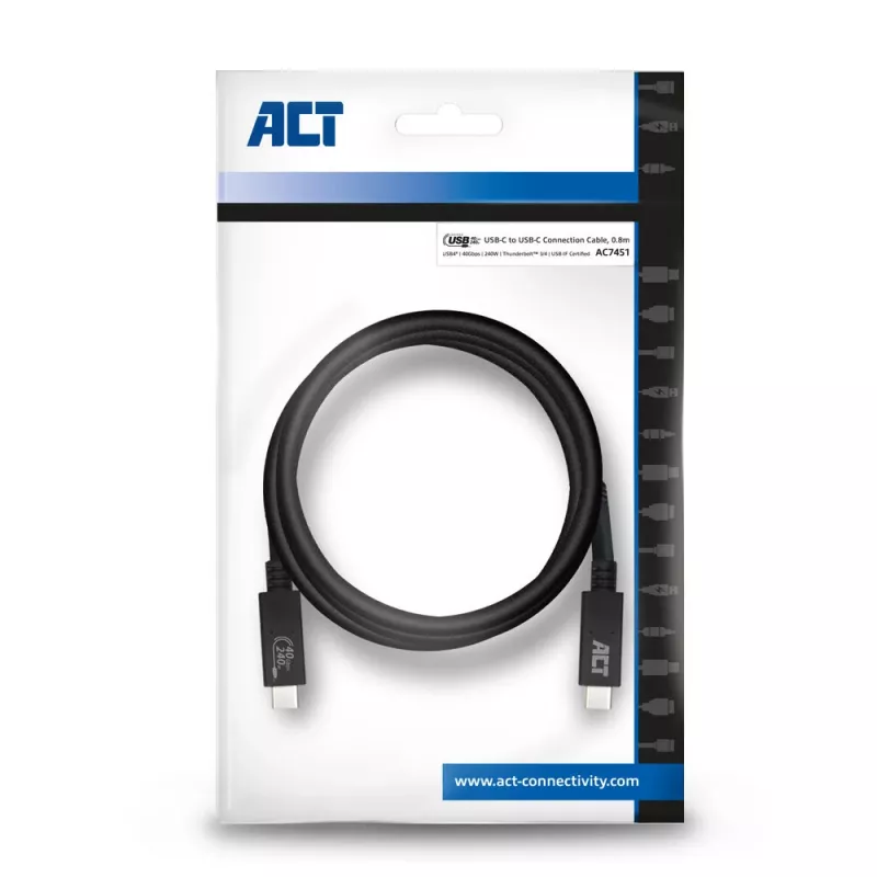 ACT USB4® 40Gbps 240W USB Type-C® kabelis, USB-IF sertificēts, 0.8 m