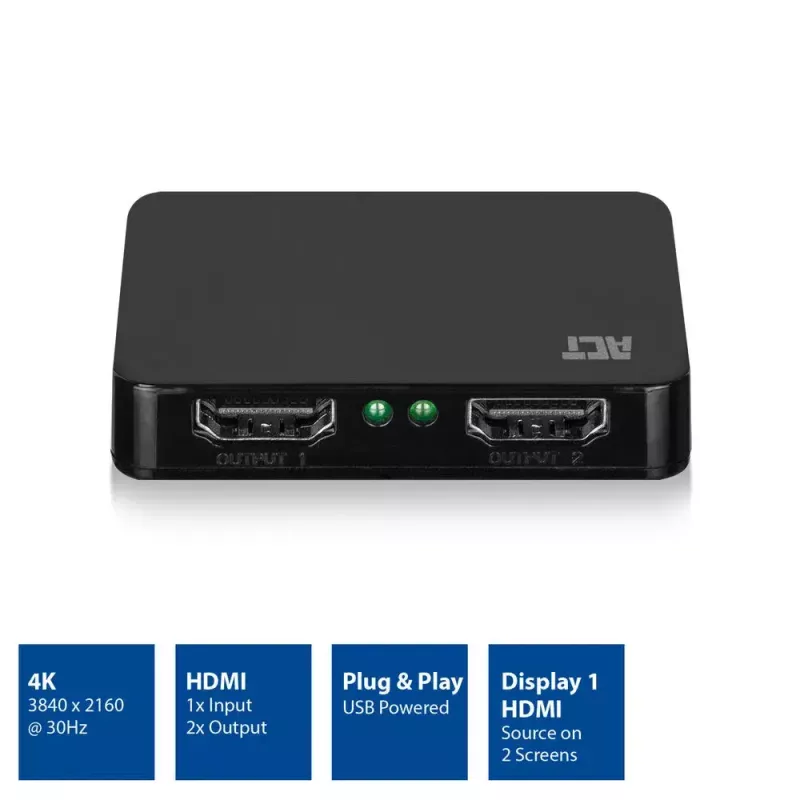 ACT 4K HDMI 1.4 sadalītājs 2 porti 3840 x 2160 pikseļi Melns