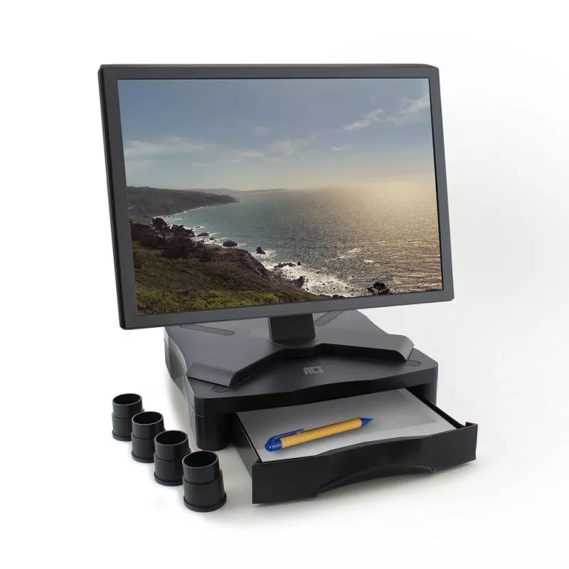 Monitora statīvs ACT AC8200 ar regulējamu augstumu un atvilktni, melns