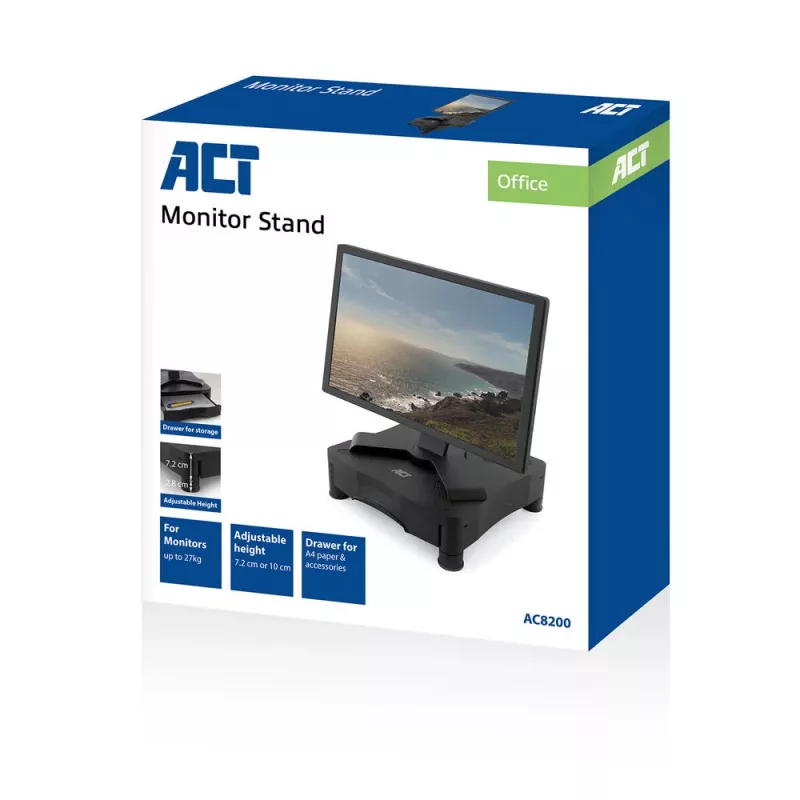 Monitora statīvs ACT AC8200 ar regulējamu augstumu un atvilktni, melns