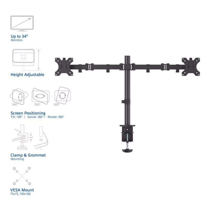 ACT Divu monitoru stiprinājums AC8302, skava/caururbšana, 16 kg, 10-32 collas