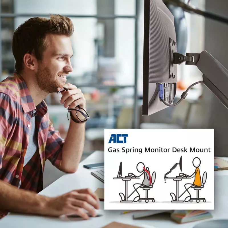 ACT gāzatsperes monitora roka AC8311 melna, skavas/caururbšanas stiprinājums, 9 kg