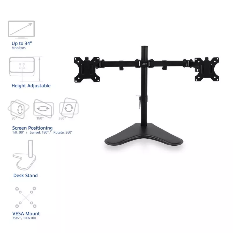 ACT brīvi stāvošs divu monitoru rokturis AC8320, max svars 16 kg, min ekrāns 33 cm, max ekrāns 81,3 cm